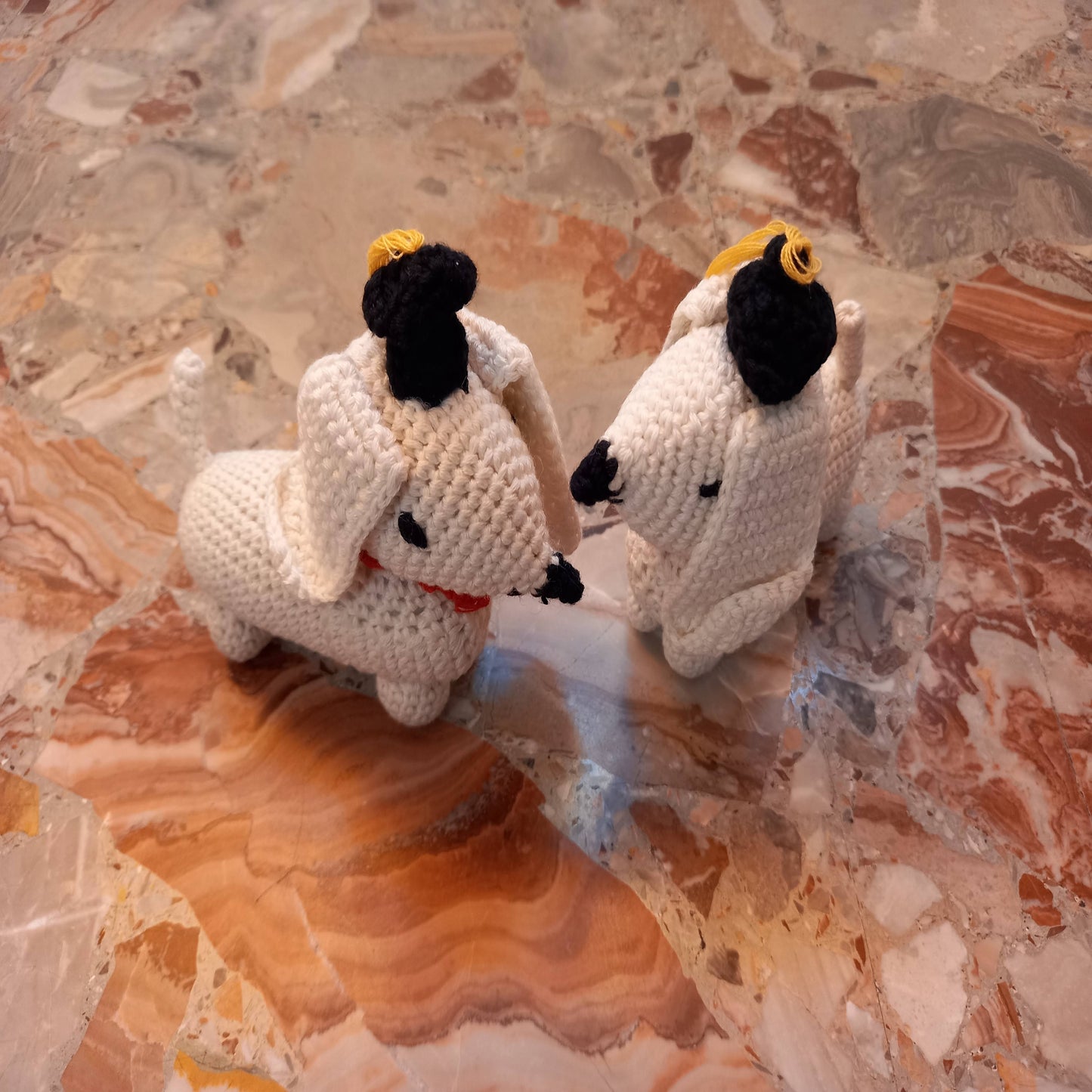 Handmade crochet dachshund amigurumi set profile view artisan plush toy gift