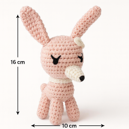 Size guide for 16cm handcrafted rabbit amigurumi crochet toy with measurement details