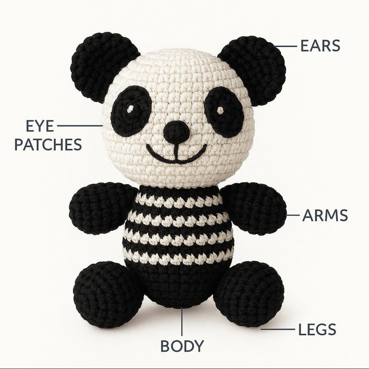 Detailed diagram of crochet panda amigurumi pattern showing individual components and assembly layout
