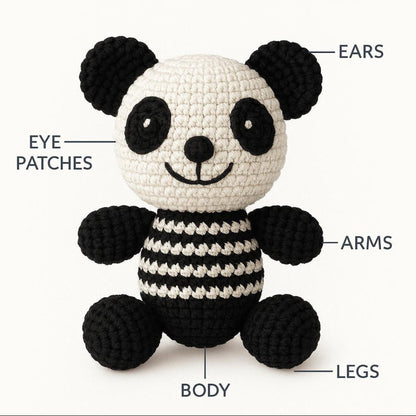 Detailed diagram of crochet panda amigurumi pattern showing individual components and assembly layout