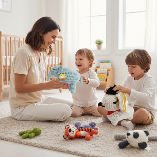 Handmade crochet amigurumi toys playtime scene with multiple characters