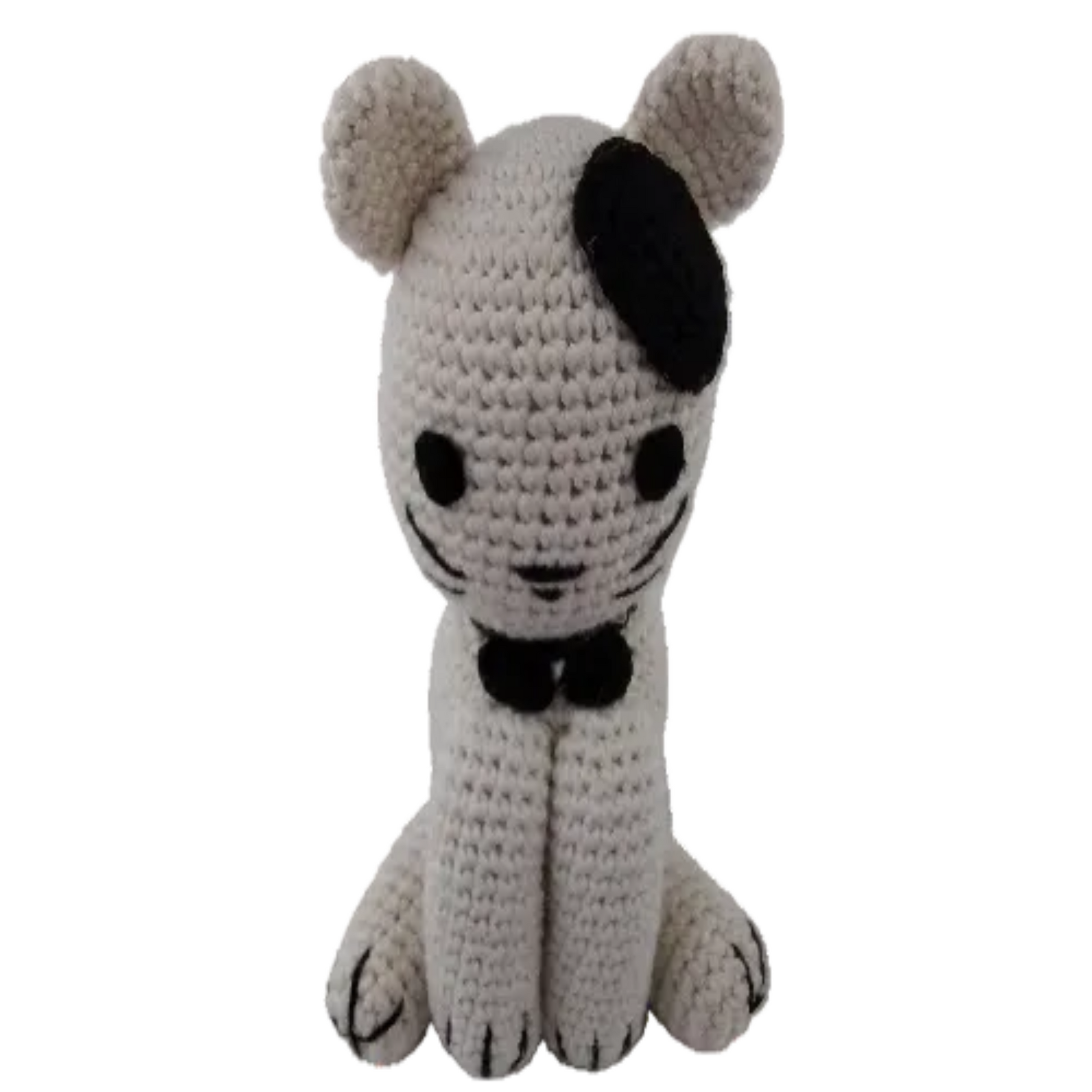 A handmade crochet amigurumi kitten in a sitting pose. The kitten is soft gray featuring large black safety eyes and a small black embroidered nose.