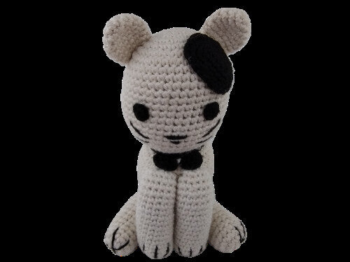 Handmade crochet amigurumi cat isolated on a black background