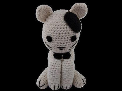 Handmade crochet amigurumi cat isolated on a black background