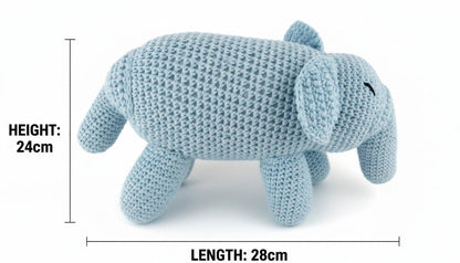 Infographic of a blue crochet elephant with 24cm height and 28cm length labels.