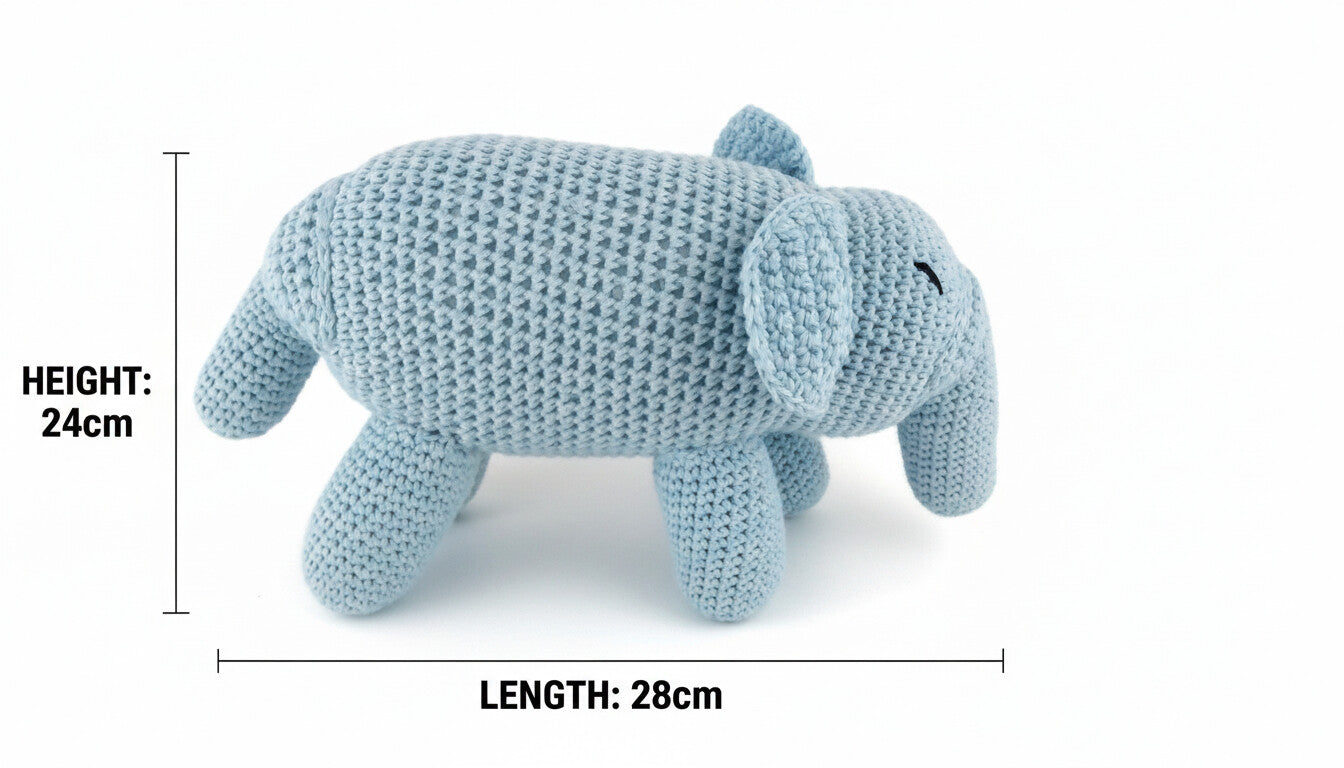 Size infographic of a blue crochet elephant showing 24cm height and 28cm length