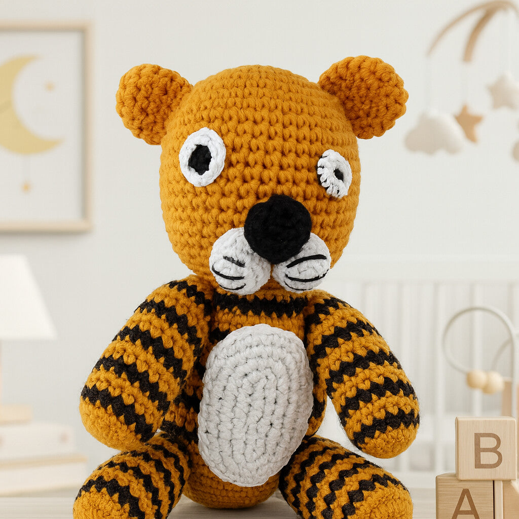 Close-up of adorable, crocheted tiger plush toy with embroidered face details and white belly, perfect baby shower gift