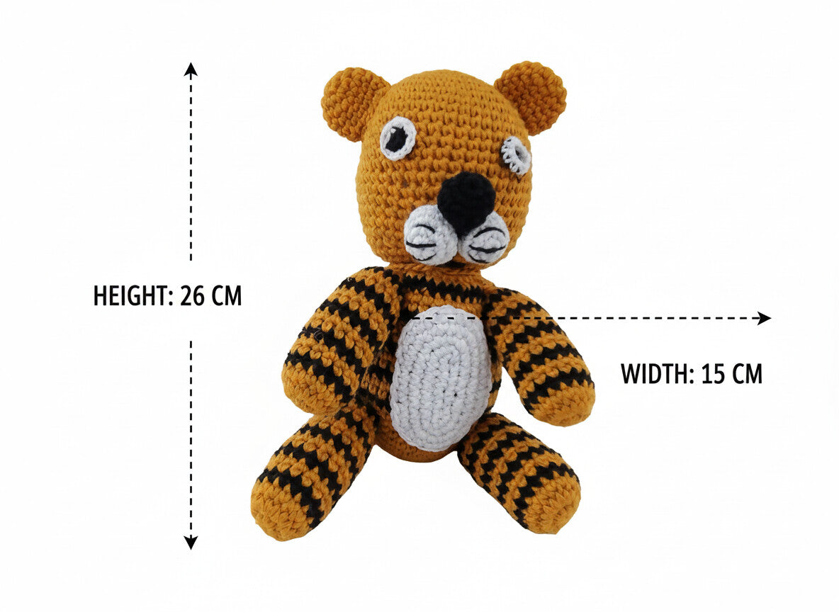 Handmade tiger stuffed toy with measurement diagram showing 26 cm height and 15 cm width dimensions
