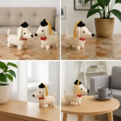 Handmade crochet graduation dog amigurumi lifestyle grid showing multiple angles
