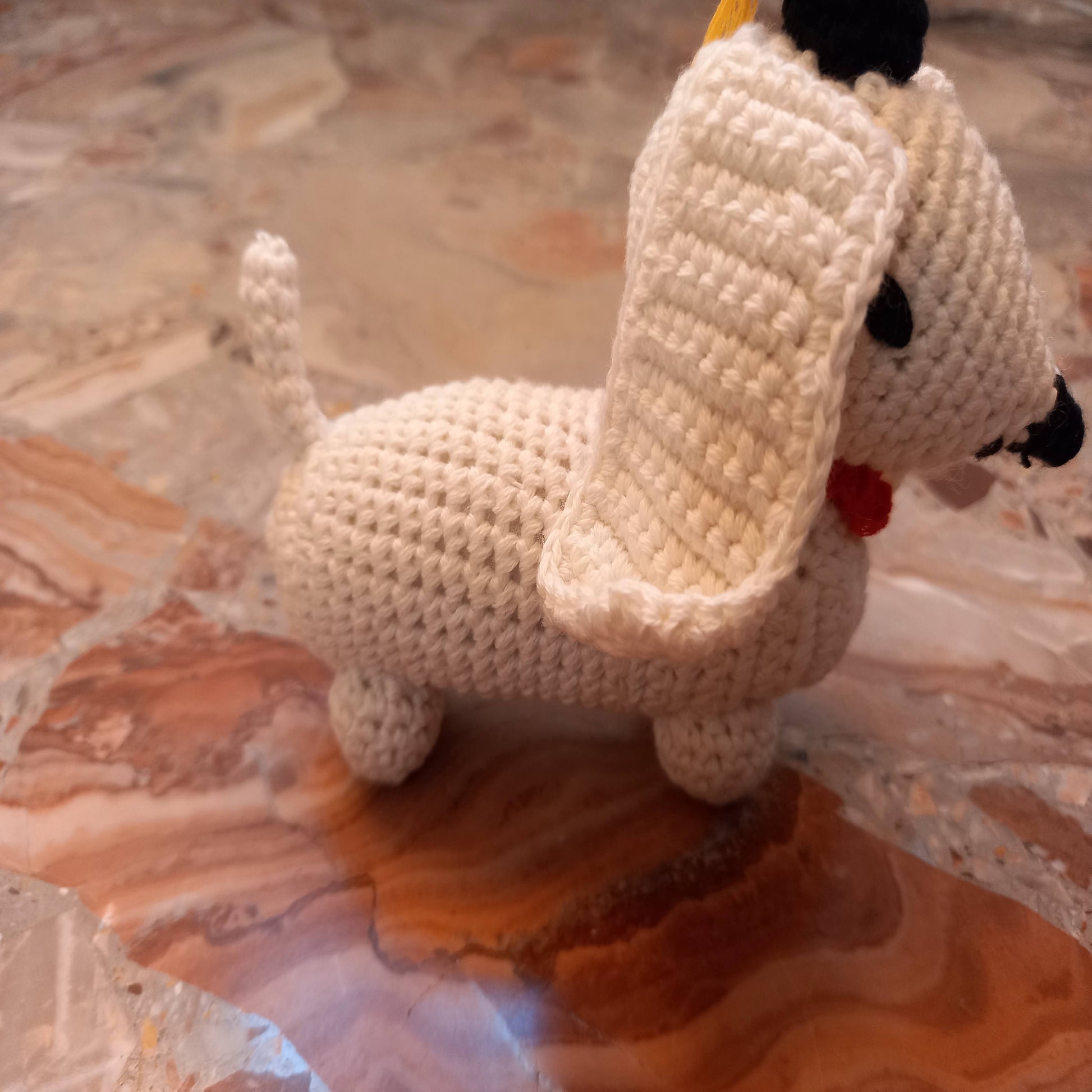 Handmade crochet graduation dog amigurumi side view marble artisan plush gift
