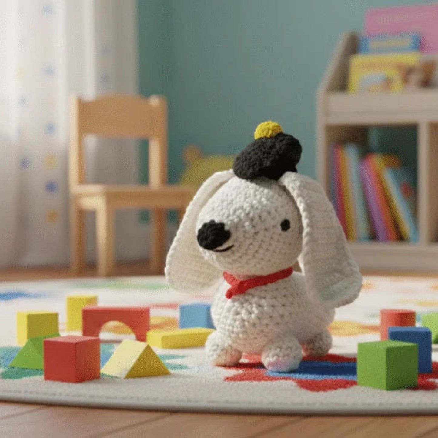 Handmade crochet graduation dog amigurumi playroom setting artisan gift graduate