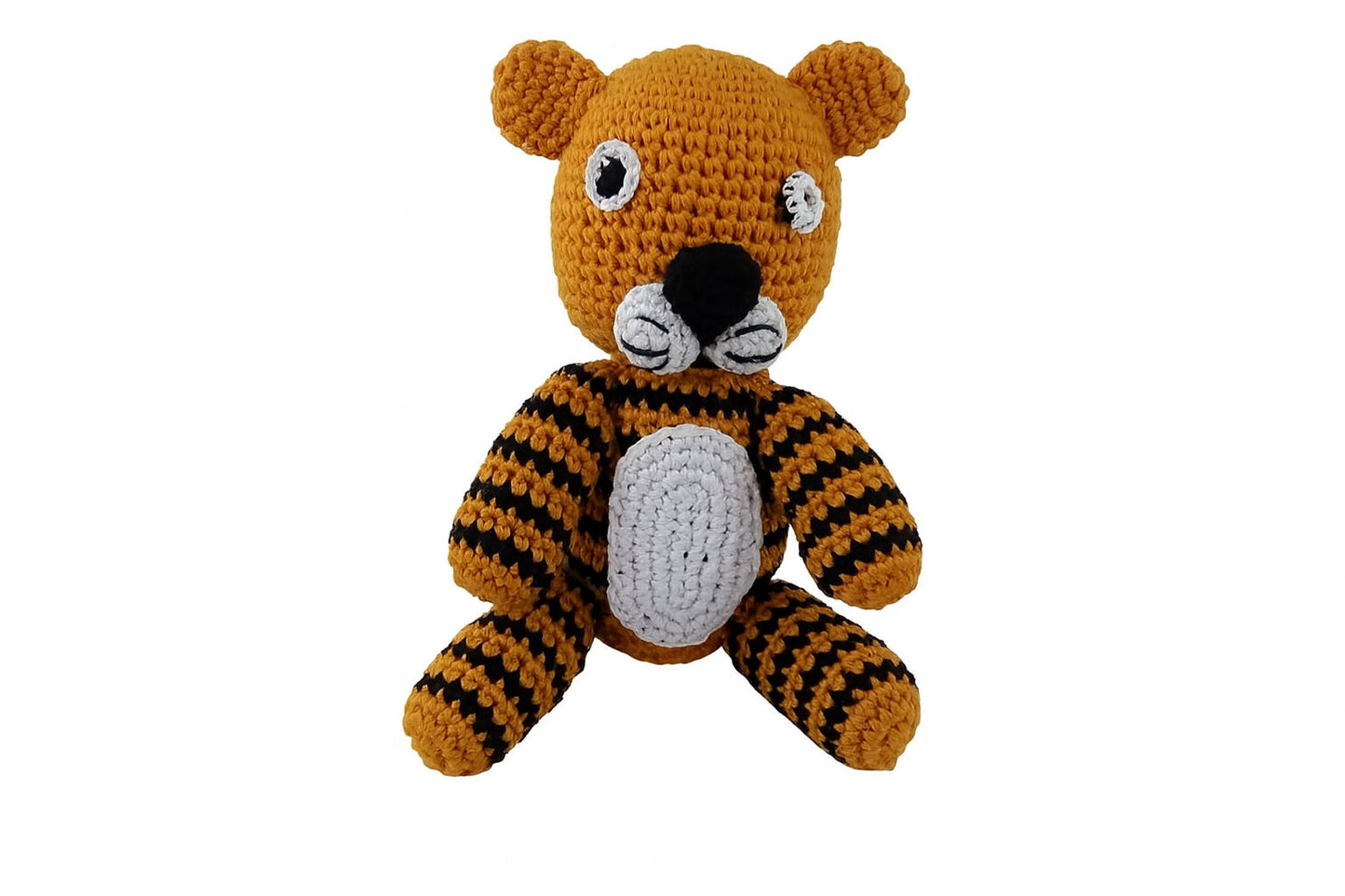 Front facing view of handmade tiger crochet toy with black and brown stripes and white belly patch