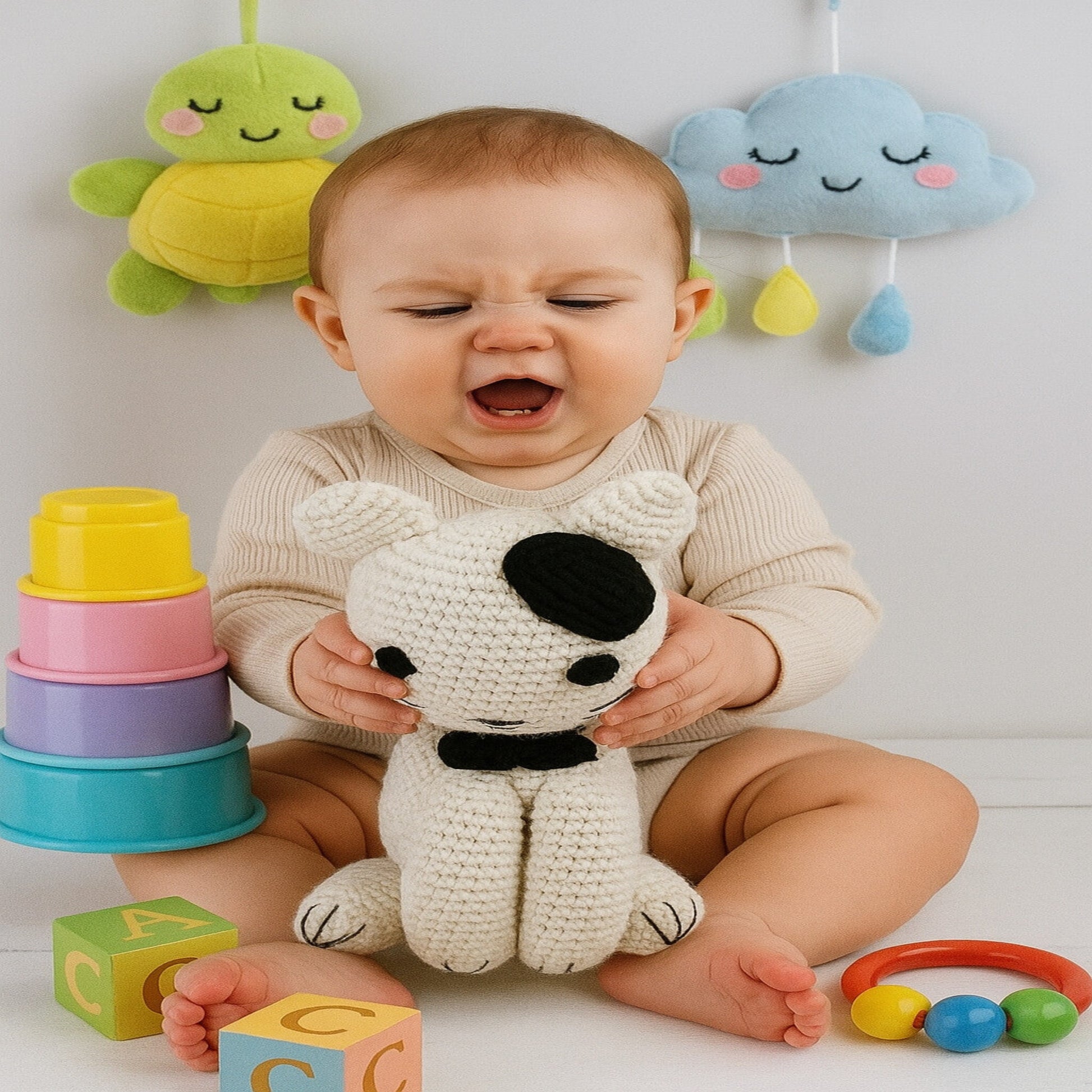 Handmade crochet cat plush toy for nursery decor, safe for babies to play