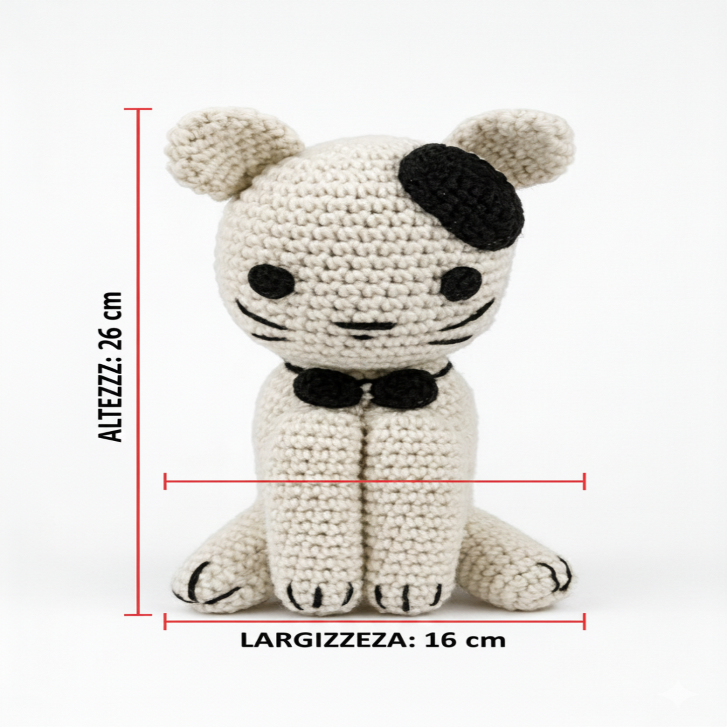 Infographic showing product features and dimensions of a handmade crochet cat.