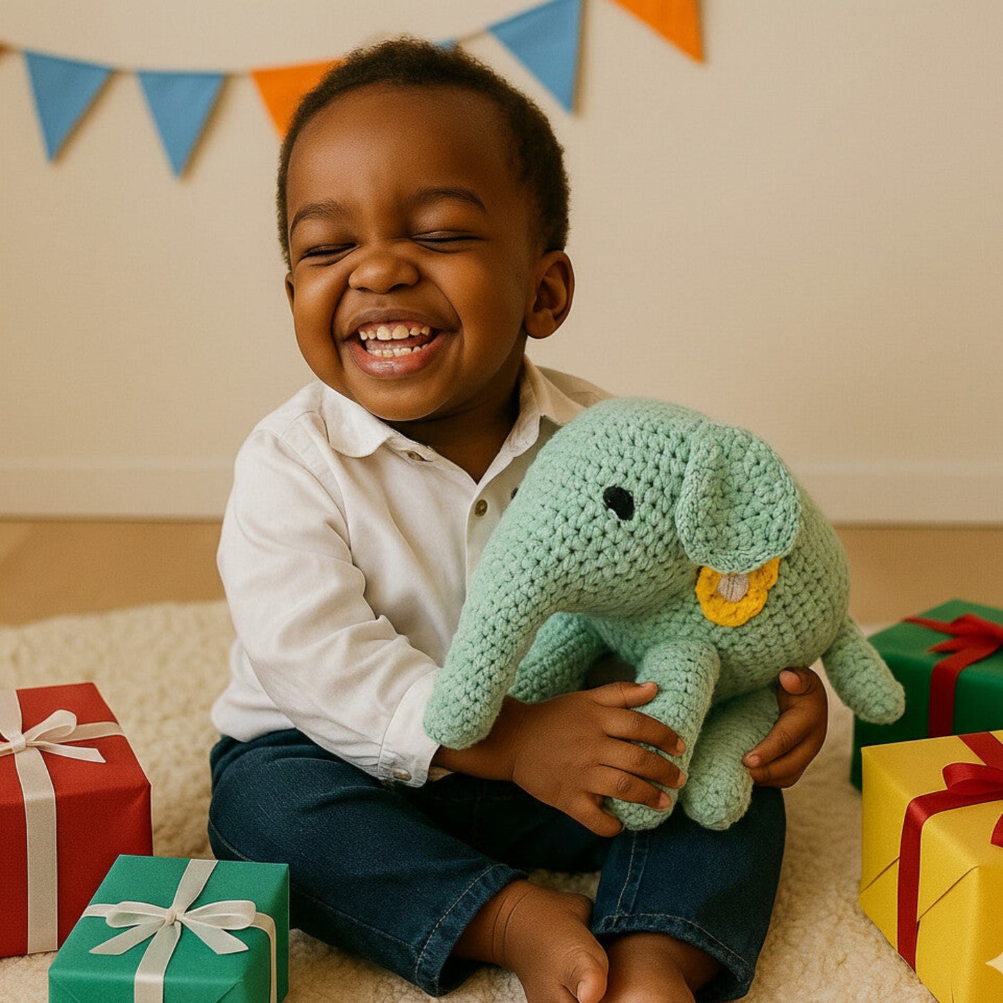 A smiling child holding a green handmade crochet elephant surrounded by colorful gifts