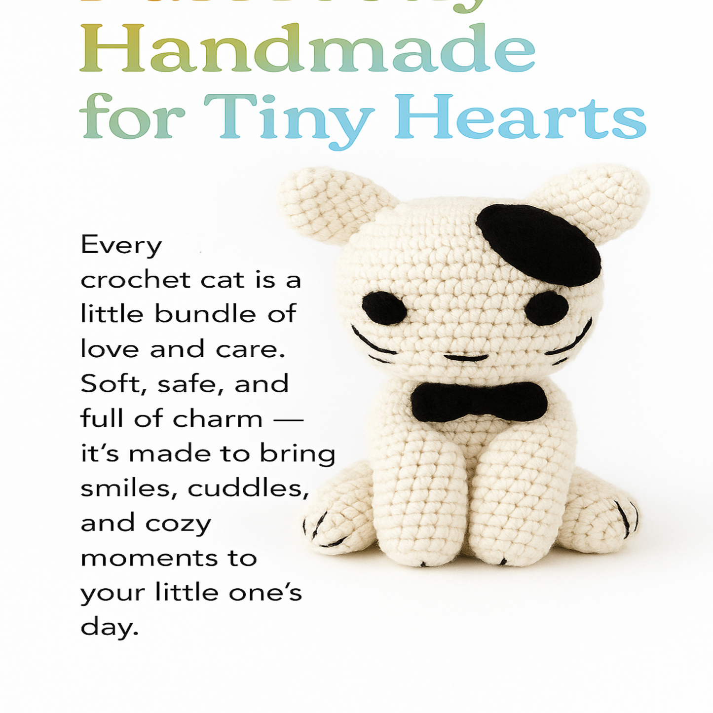 Handmade amigurumi kitten with tiny crochet hearts for Valentine’s Day promo