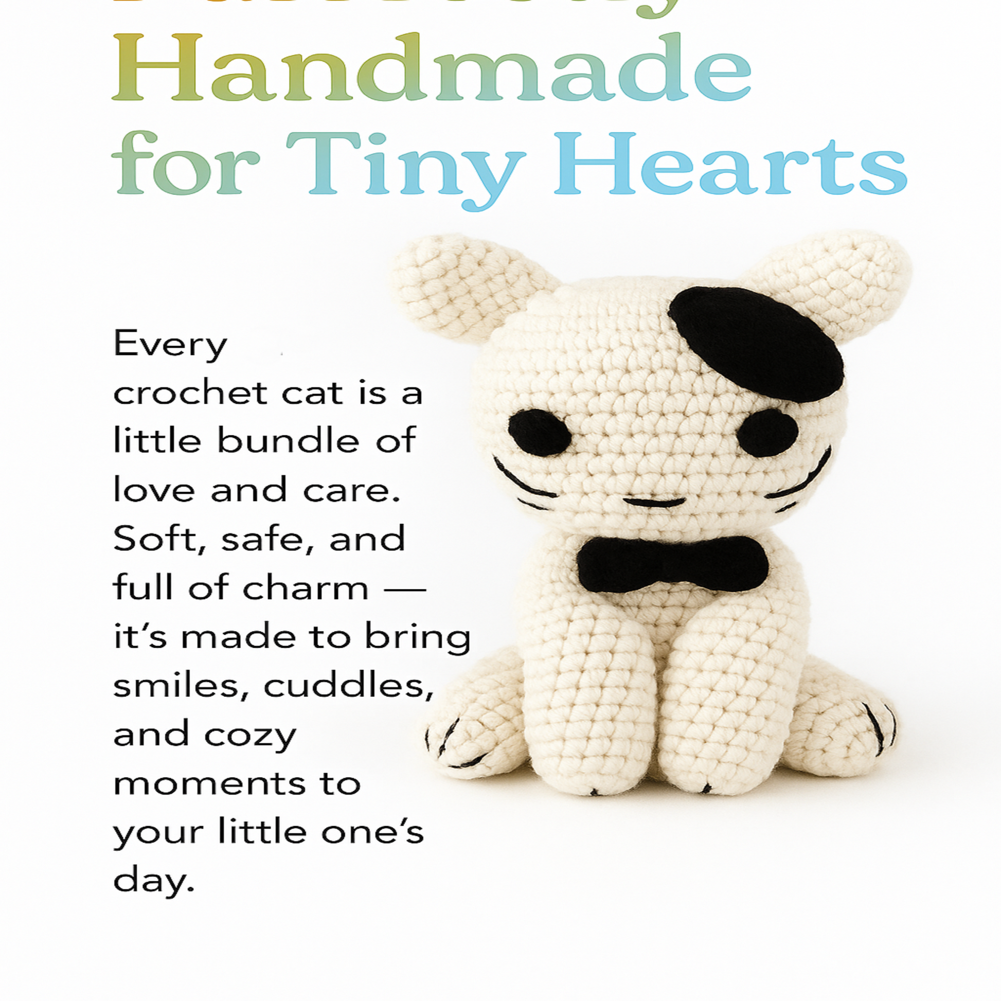 Handmade amigurumi kitten with tiny crochet hearts for Valentine’s Day promo
