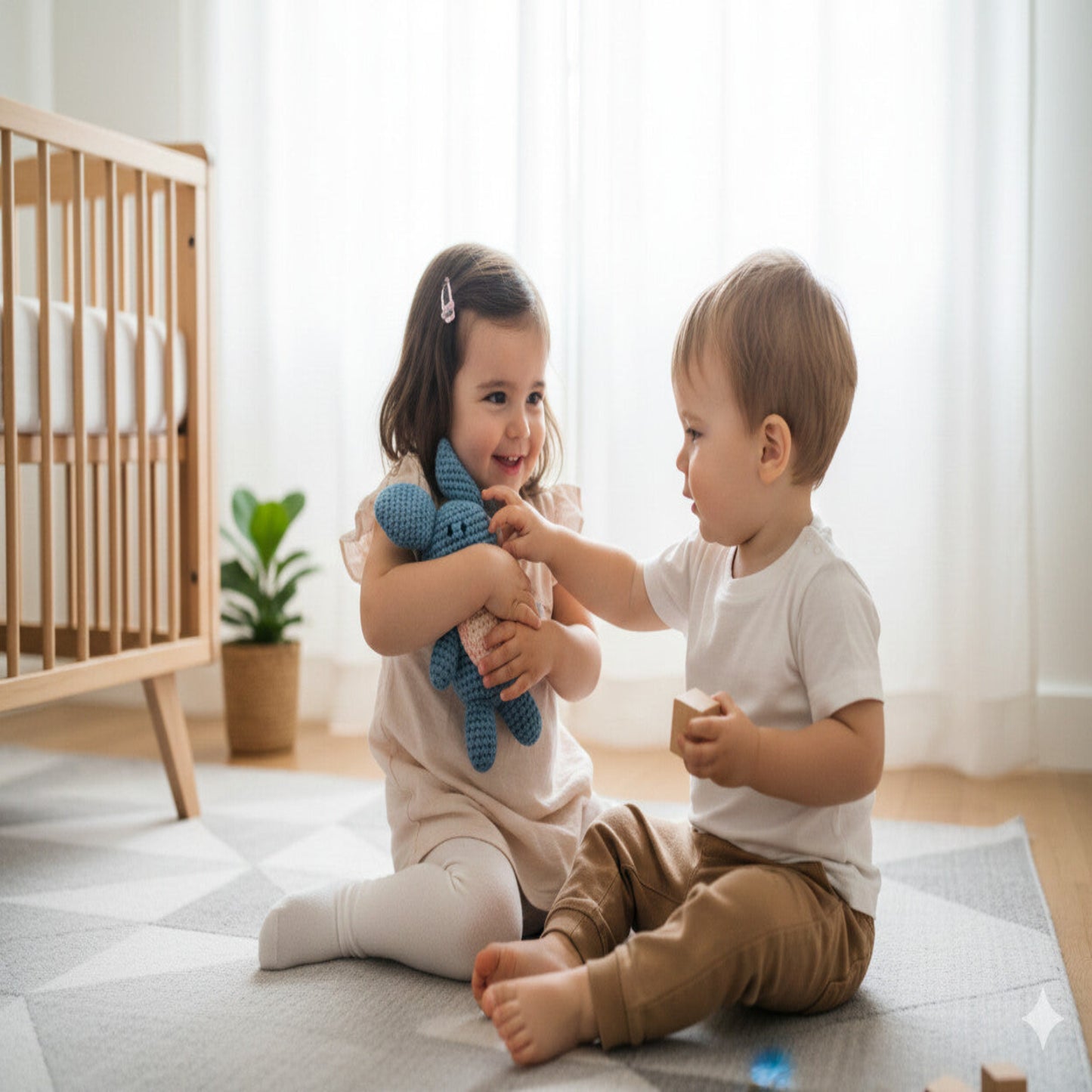A heartwarming scene of two children sharing a handmade blue koala amigurumi in a bright nursery; showcasing the durable and soft quality 