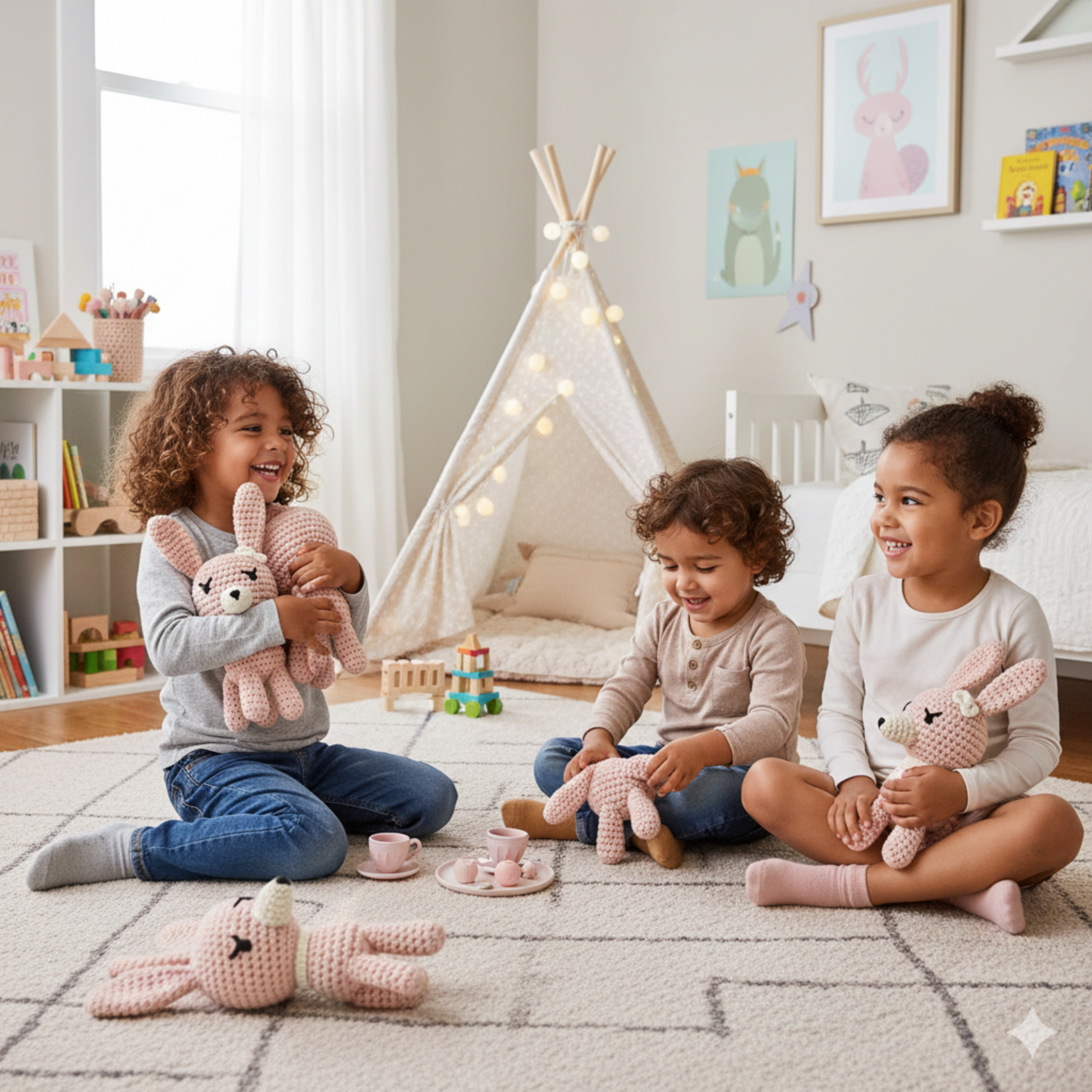 Happy kids playing with soft handmade rabbit amigurumi crochet toy