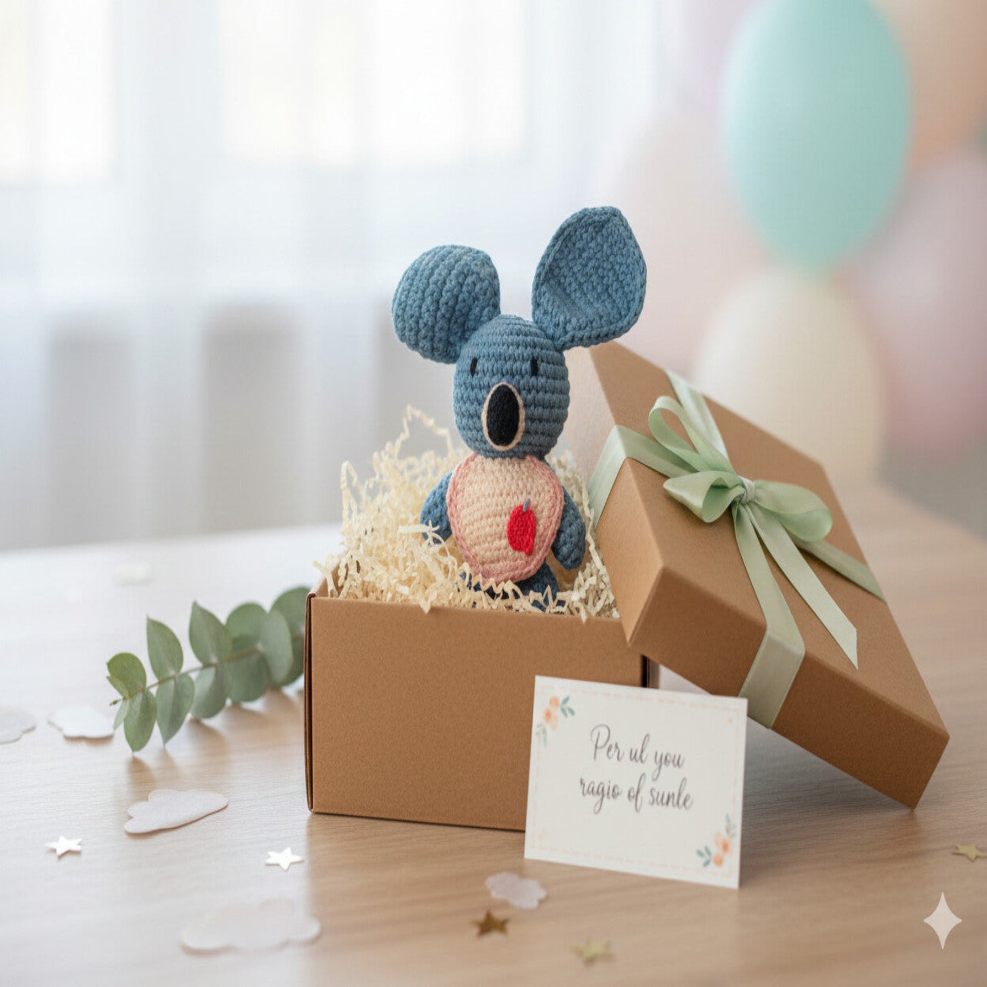 Handmade koala amigurumi in a premium gift box with a greeting card, artisanal gift set made in Italy