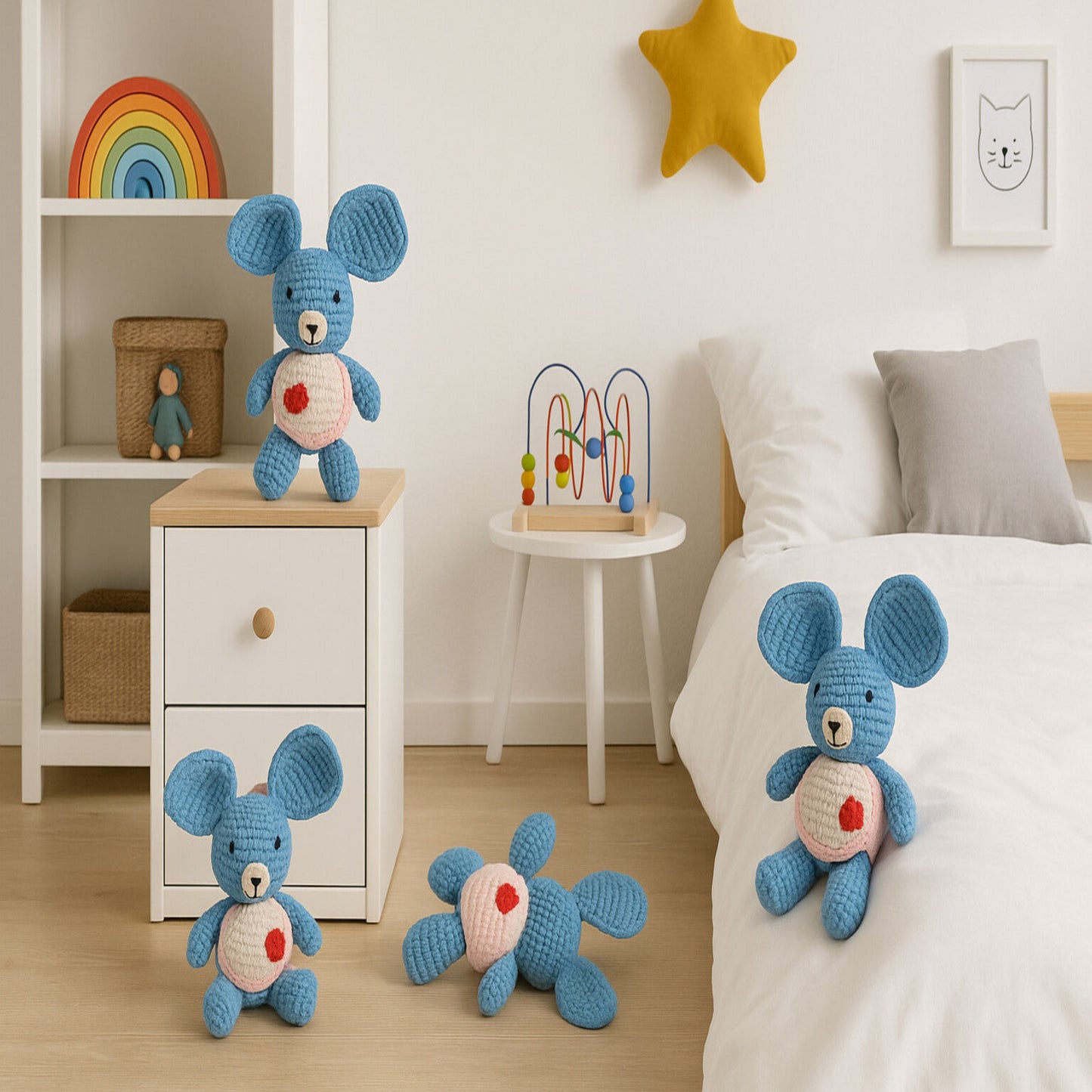 Handmade koala amigurumi displayed in a kids room, a wooden table, and a bed, showcasing versatile nursery decor made in Italy