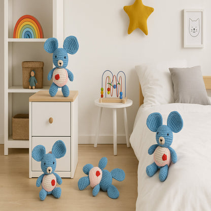 Handmade koala amigurumi displayed in a kids room, a wooden table, and a bed, showcasing versatile nursery decor made in Italy