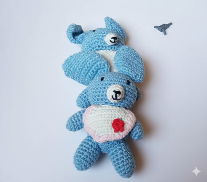 Top view of a pair of blue handmade koala amigurumi gift set, featuring crochet craftsmanship and made in Italy by Cepaale