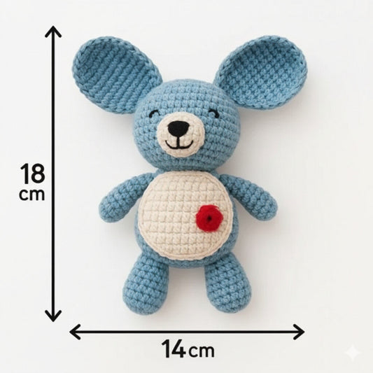 Handmade koala amigurumi size measurements infographic guide: height 18 cm and width 14 cm, crafted in Italy