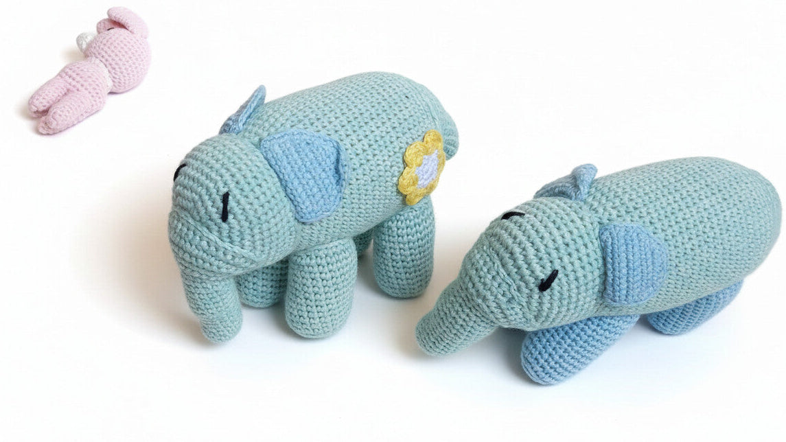 Pair of blue crochet elephants - Top view of handmade amigurumi plush toys