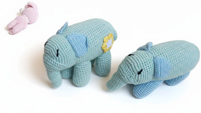 Pair of blue crochet elephants - Top view of handmade amigurumi plush toys