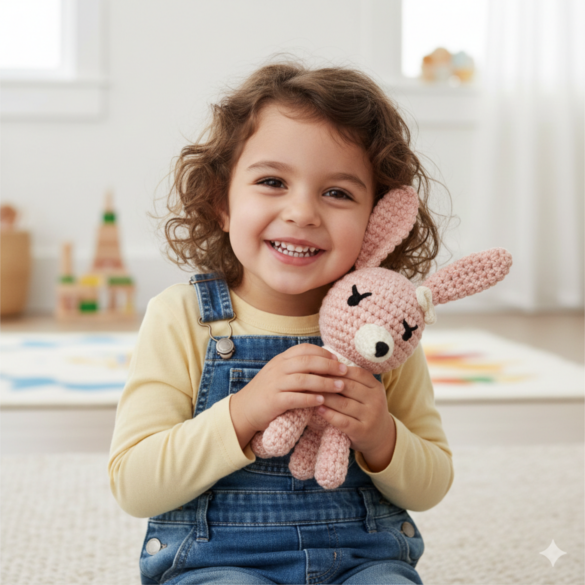 Smiling child hugging pink amigurumi bunny handmade crochet toy