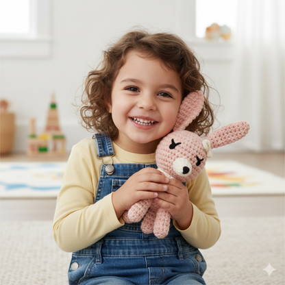 Smiling child hugging pink amigurumi bunny handmade crochet toy