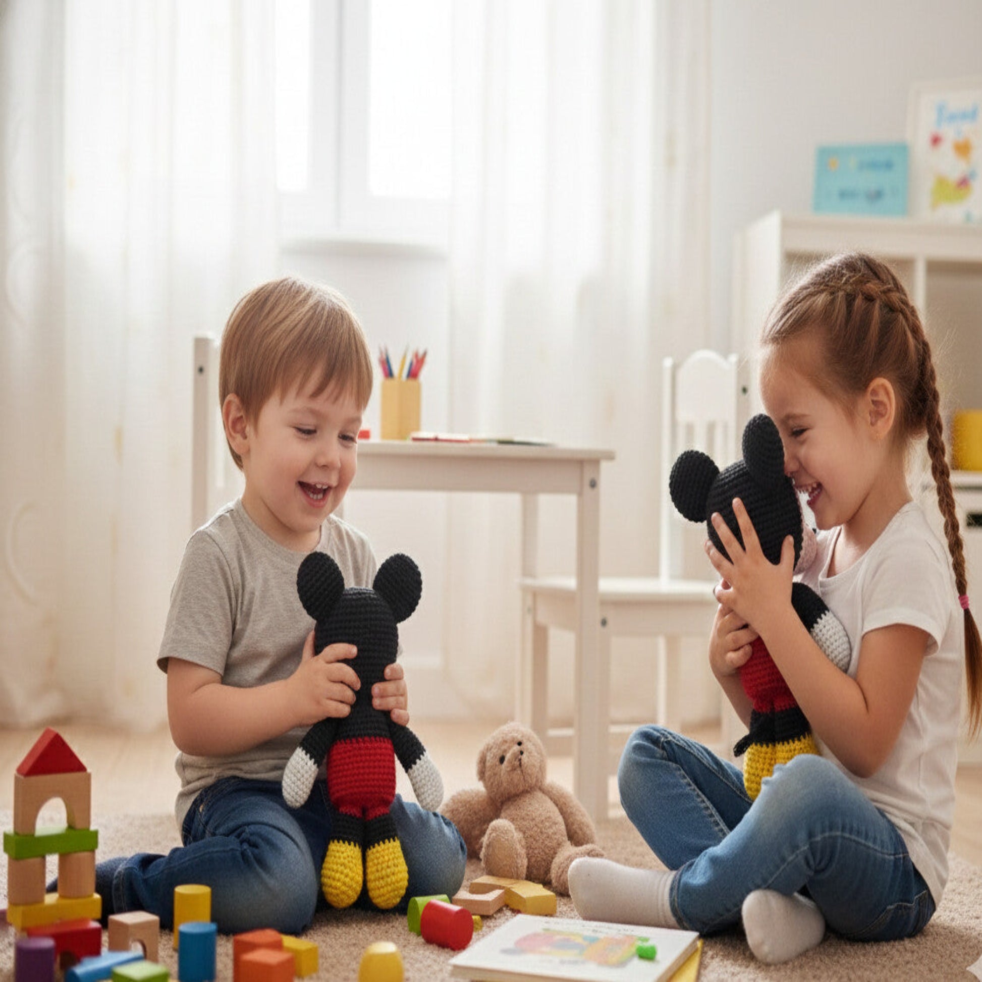Two children laughing and playing with handmade mouse amigurumi toys in a bright nursery; showcasing the soft, huggable quality of Cepaale's Italian-made artisanal plushies
